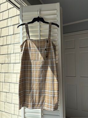 Reformation Tan Plaid Square-Neck Mini Dress